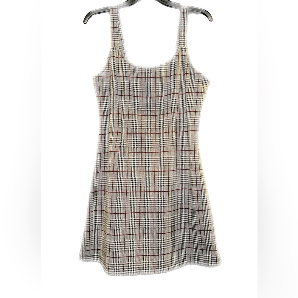Babydoll mini dress - black & white plaid with deep red stripes
